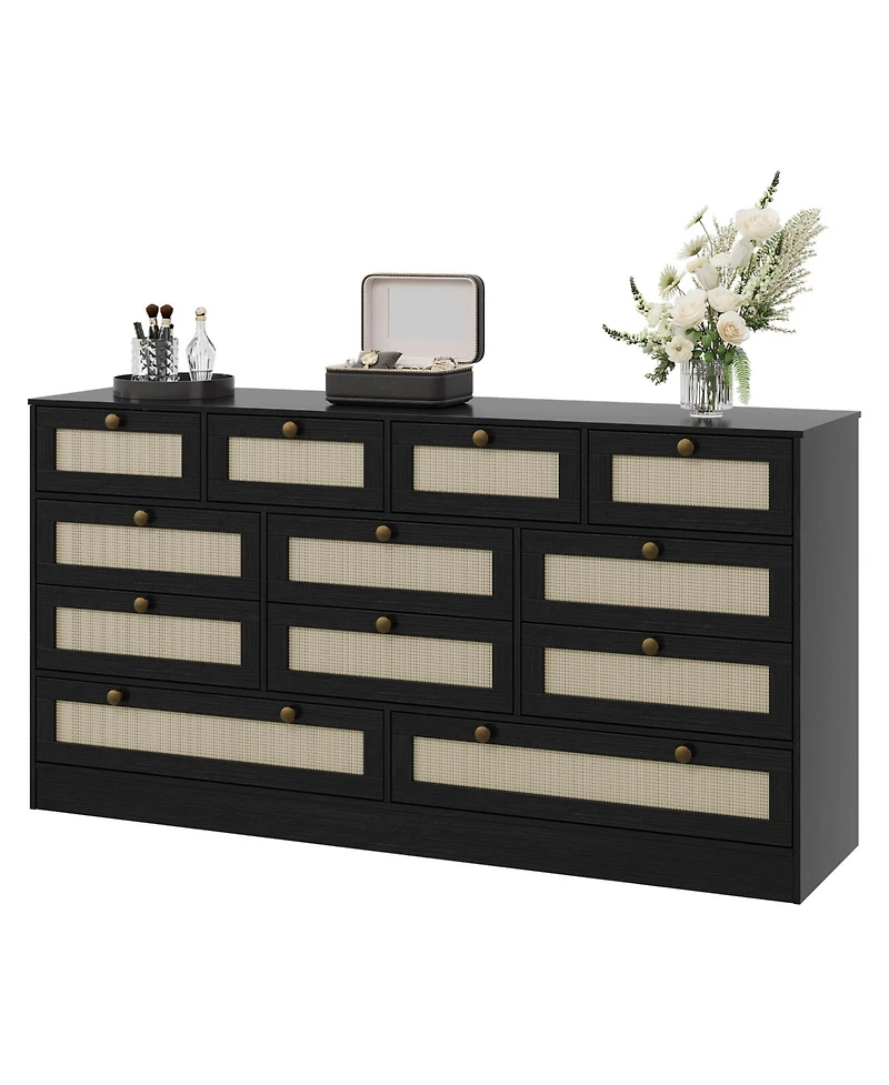 gaomon Bedroom 61" Wide Dresser, 12-Drawer Rattan Wood Chest, Mdf Tv Stand Storage Cabinet.