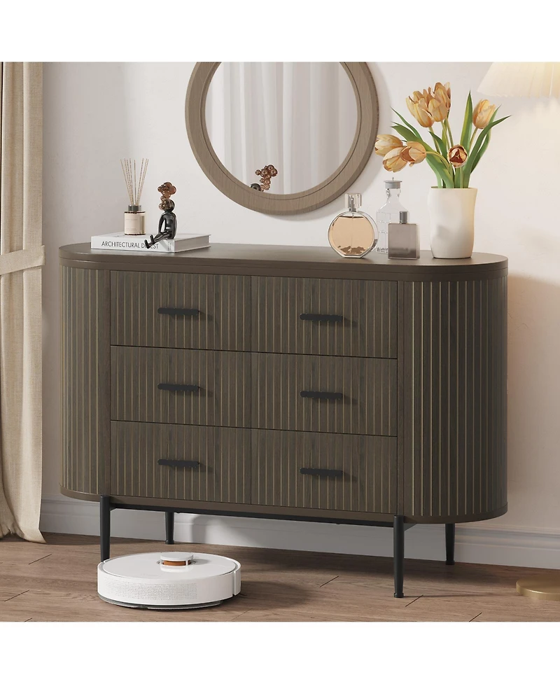 gaomon 47" Wide Mid Century Fluted 6 Drawer Dresser for Bedroom, Wood Chest of Drawers Tv Stand.