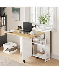 Expandable Farmhouse Dining Table with Storage and 6 Wheels, Space-Saving Drop-Leaf for 4 People