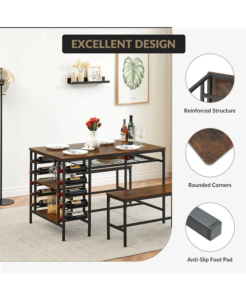 gaomon 3-Piece Dining Set: Table, 2 Benches, Wine Rack and Storage Shelf