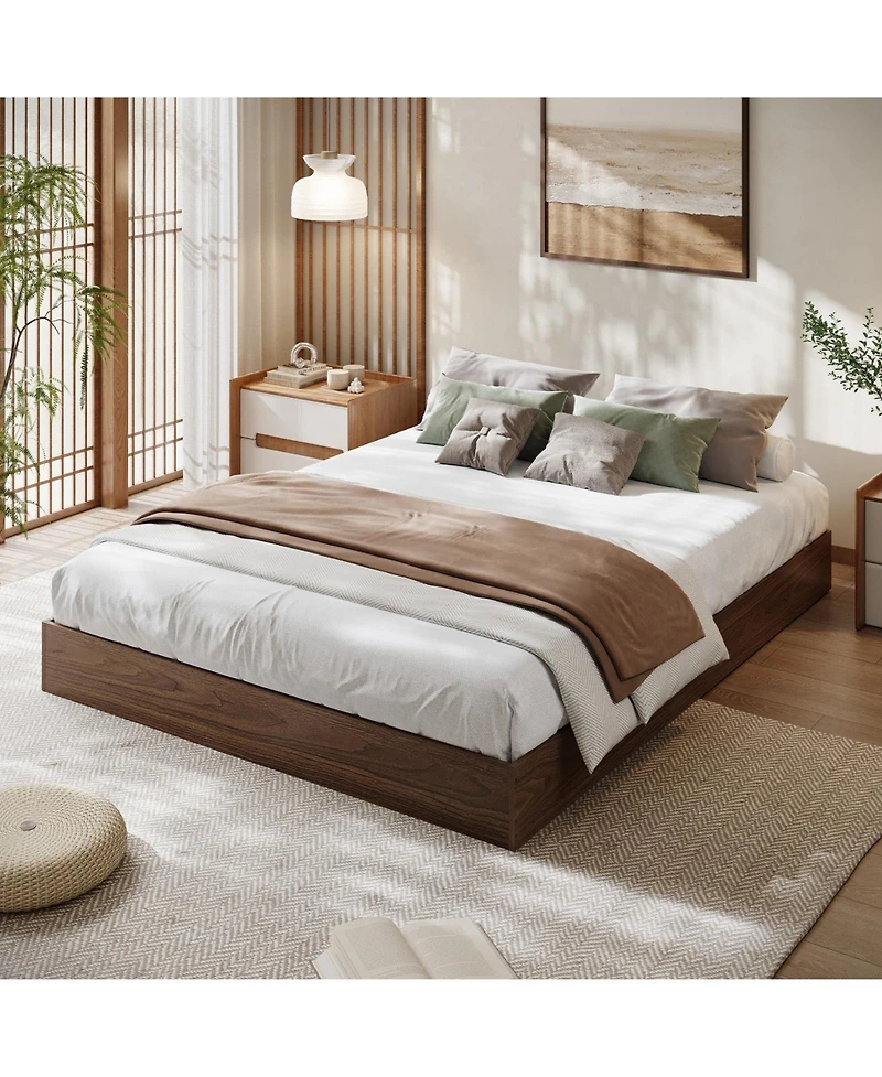 homfan Wood Platform Bed Frame No Headboard with Slats, Floor-Level Design