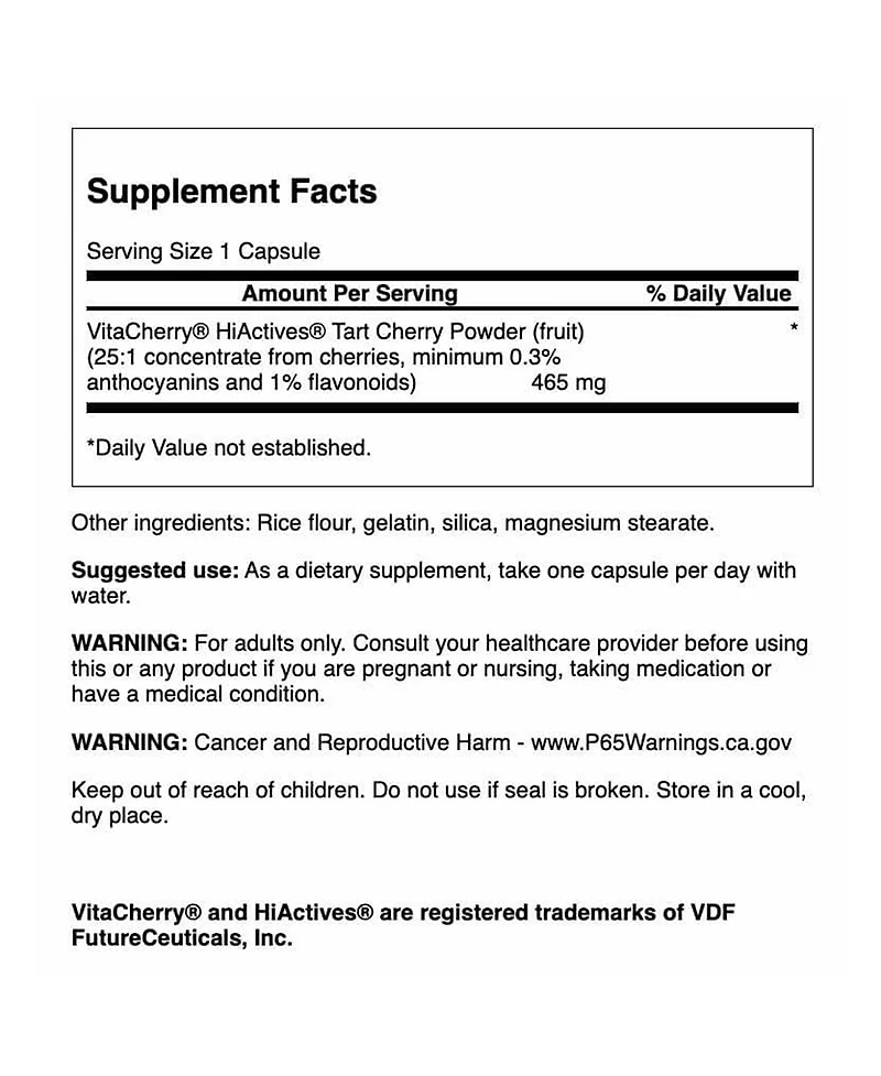 Swanson HiActives Tart Cherry 465 mg Joint Health, Mobility and Flexibility, Collagen and Connective Tissue Support, 60 Capsules