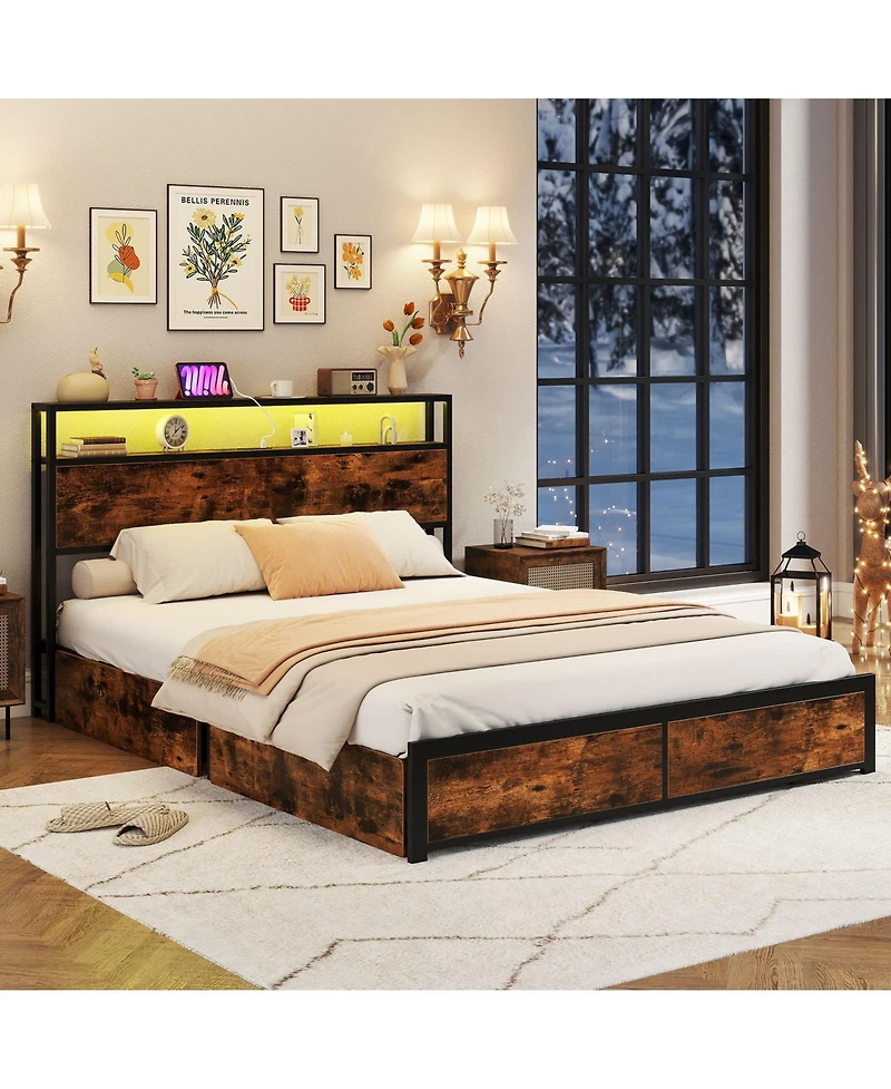 Gymax Led Bed Frame w/2-Tier Storage Headboard and 4 Drawers Charging Station
