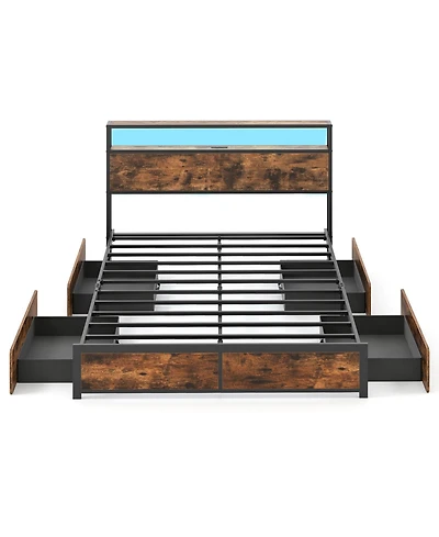 Gymax Led Bed Frame w/2-Tier Storage Headboard and 4 Drawers Charging Station