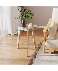 Gymax Modern Tempered Glass End Table w/Transparent Tabletop Rubber Wood Structure