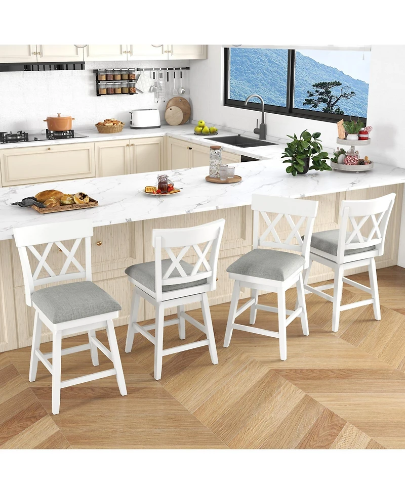 Gymax '' Bar Stool Wooden Chair Set of 4 Contoured Backrest Swivel Padded Seat