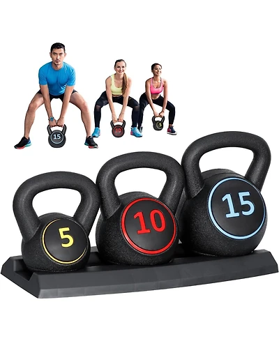 Zeny 3-Piece Kettlebell Set with Storage Rack Heavy Duty Concrete 5 lb 10 lb 15 lb Kettle Bells for Weightlifting