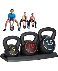 Zeny 3-Piece Kettlebell Set with Storage Rack Heavy Duty Concrete 5 lb 10 lb 15 lb Kettle Bells for Weightlifting