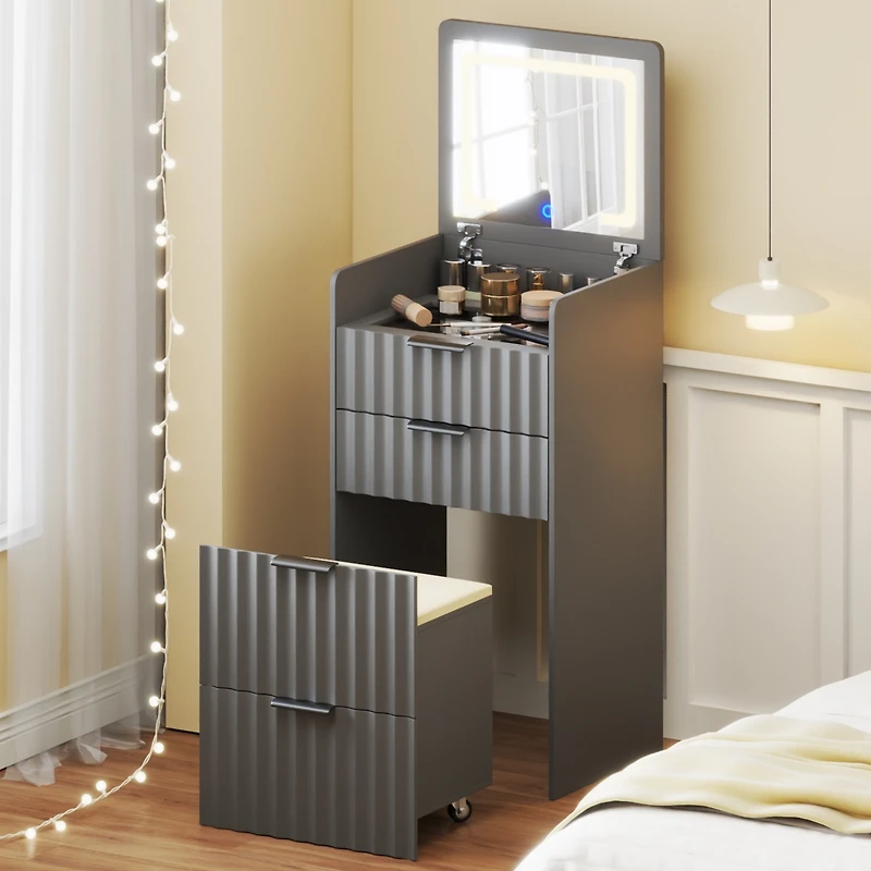 Vlsrka Fluted Small Vanity Desk With Mirror, Lights, Stool & 3 Drawers