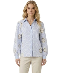 Modenaire Women's Striped Eyelet Collared Button-Down Shirt