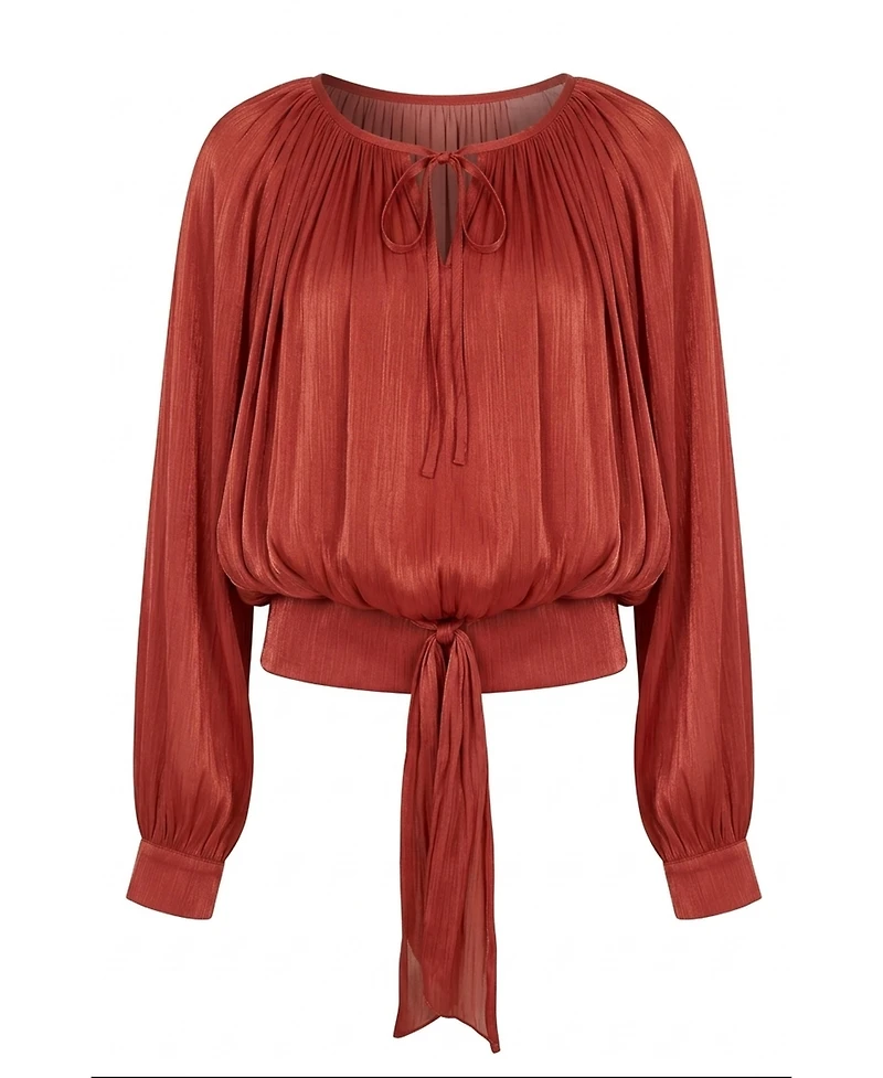 Modenaire Women's Tie-Neck Belted Long-Sleeve Blouse
