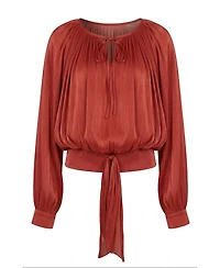 Modenaire Women's Tie-Neck Belted Long-Sleeve Blouse