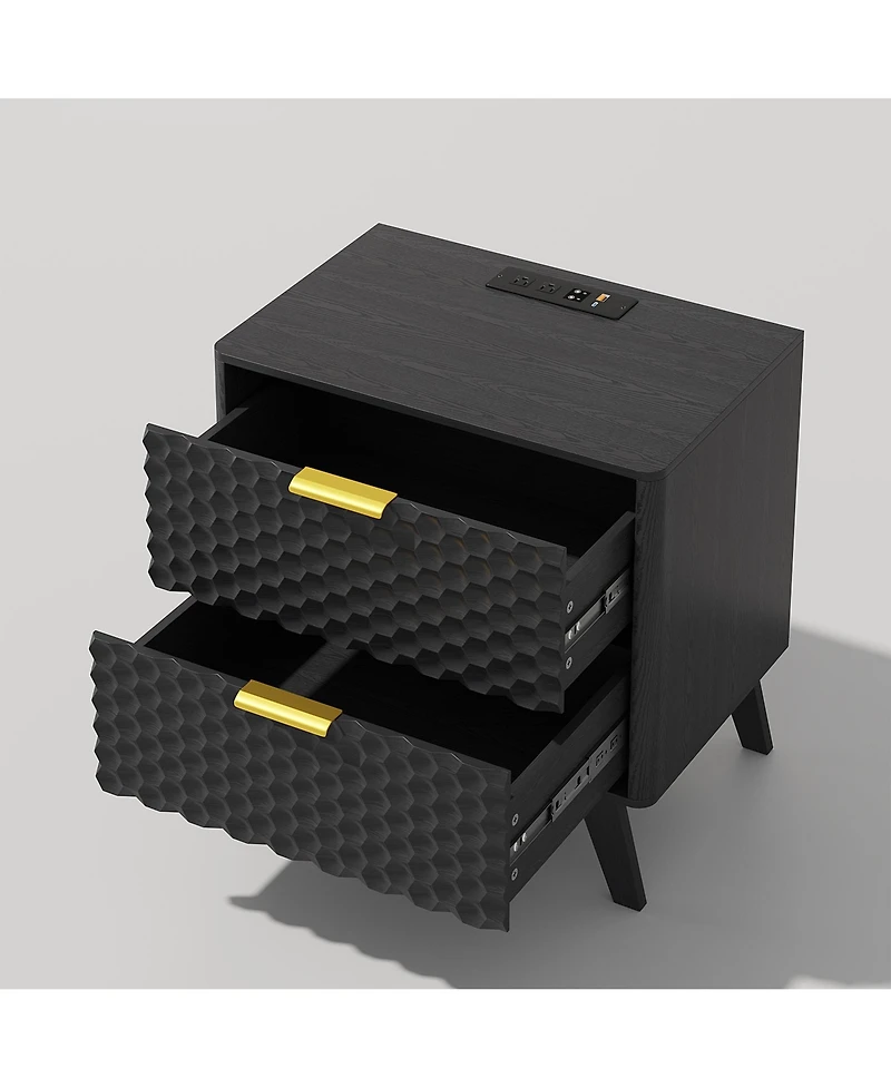 Vlsrka 23.6-Inch Wide 2-Drawer Nightstand with Built-in Outlets and Human Sensor Light