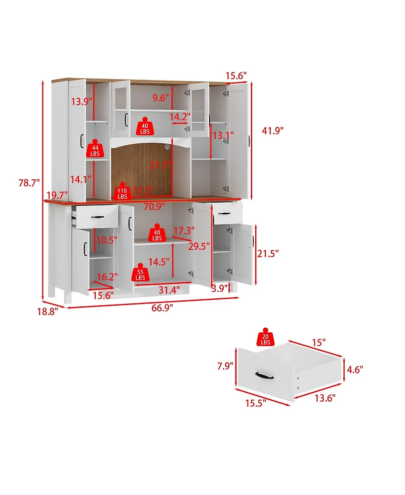 Homsee 71 Inch White Farmhouse Buffet Cabinet - 2-Tone Storage Credenza with Hutch and Drawers | Wood Console