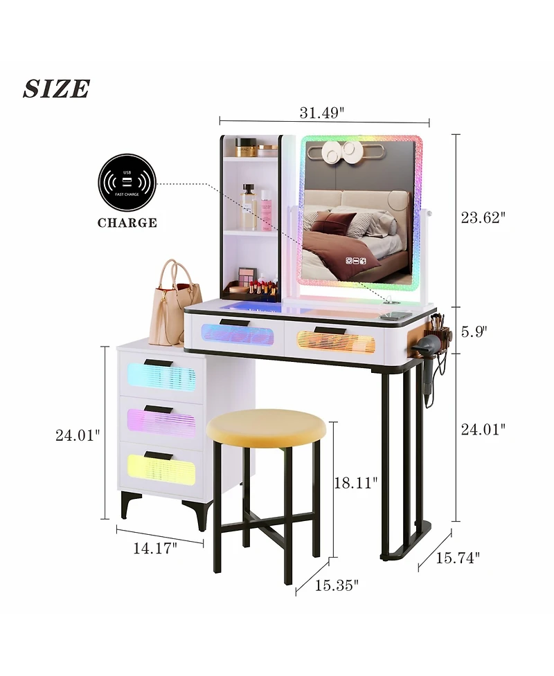 Vlsrka Vanity Set: Rgb Lights, 5 Drawers & Wireless Charger