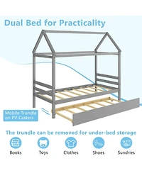 Gouun Bed Frame with Pull-Out Trundle and Roof Design