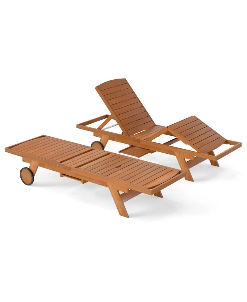 Gouun Outdoor Chaise Lounge Chair with Wheels 4-Position Wood Recliner with Adjustable Backrest