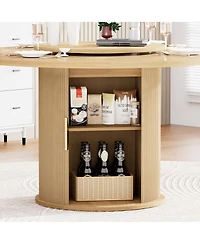 Rainsken Round Dining Table for 6 with a Rotating Tabletop Tray, 2-tier Storage Rack and Wooden Wavy-striped Sliding Doors Living Room