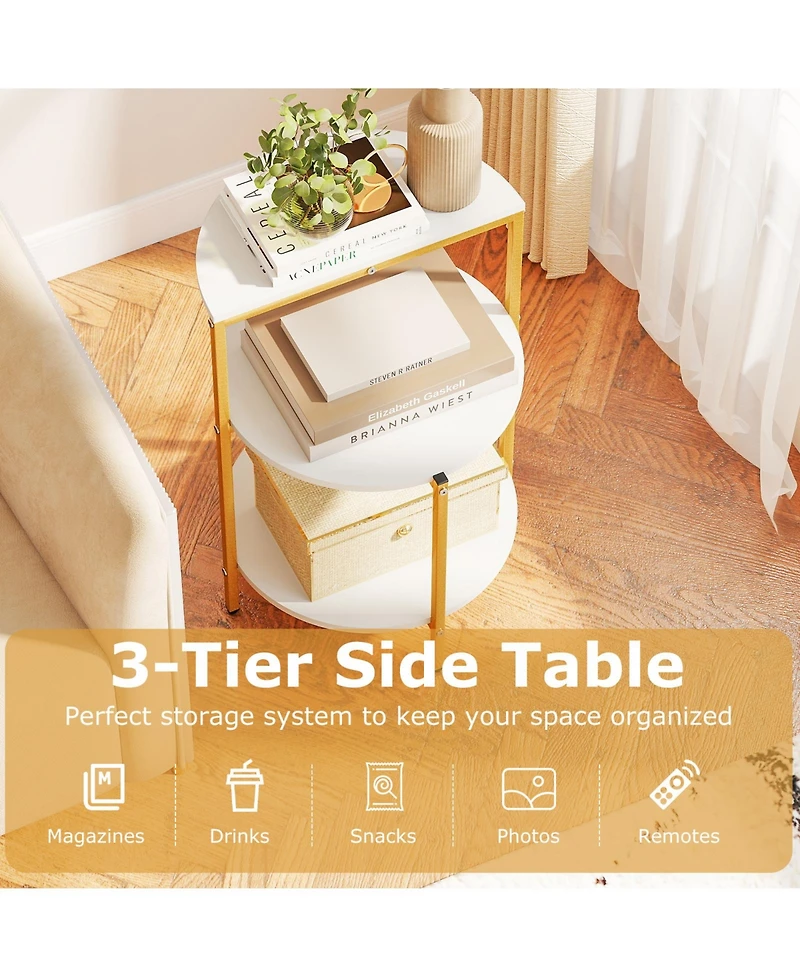 Gymax 3-Tier Side Table Round End Table w/Storage Shelves Metal Frame for Bedroom