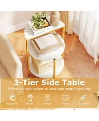 Gymax 3-Tier Side Table Round End Table w/Storage Shelves Metal Frame for Bedroom