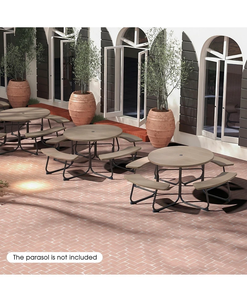 Gymax Outdoor 8-person Round Picnic Table Bench Set w/ 4 Benches and Umbrella Hole