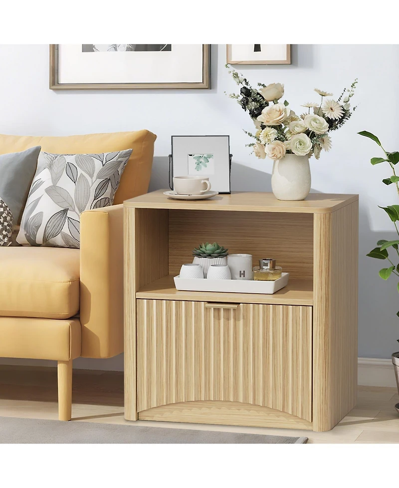 Bedroom Sofa Office Nightstand, Set of 2 Wooden Bedside End Tables, Fluted Panel Storage with Drawer and Shelf, Oak