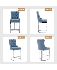 Rainsken Modern Velvet Bar Stools Set of 2, 26" Counter Height Chairs with Button Back, Nailhead Trim and Chromed Metal Legs for Kitchen Island