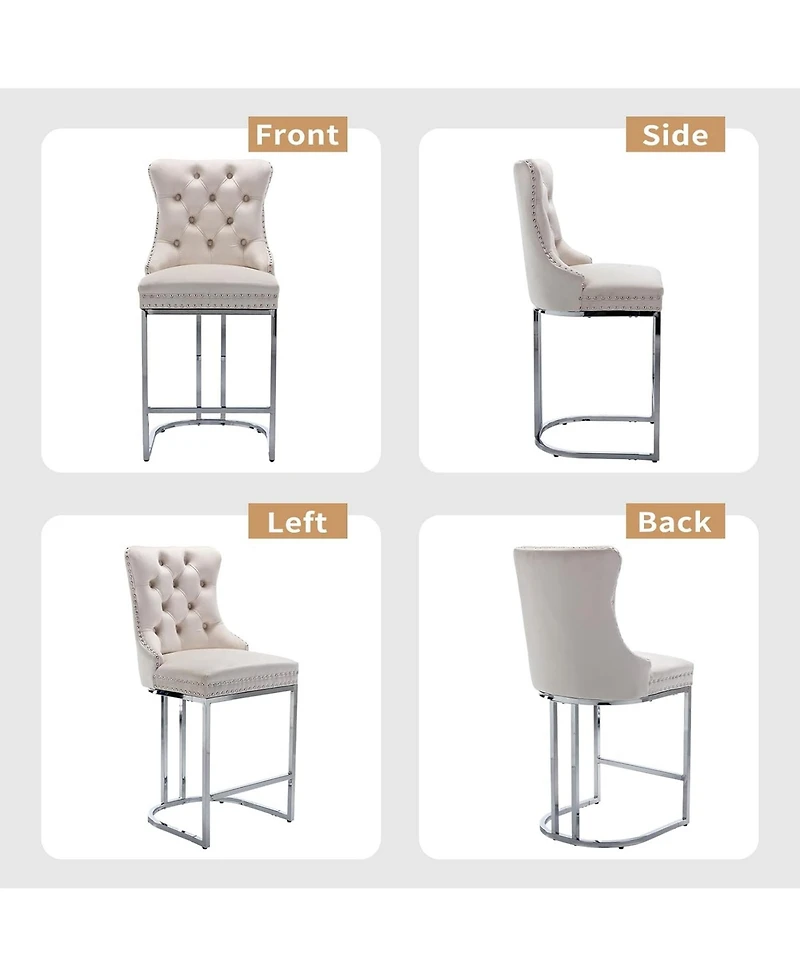 Rainsken Modern Velvet Bar Stools Set of 2, 26" Counter Height Chairs with Button Back, Nailhead Trim and Chromed Metal Legs for Kitchen Island