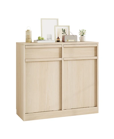 homfan Double Tilt-Out Trash Can Cabinet with 2 Drawers and Hidden Bin Storage, Wood-Finish Organizer for Kitchen or Laundry