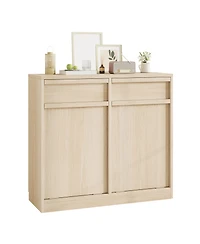 homfan Double Tilt-Out Trash Can Cabinet with 2 Drawers and Hidden Bin Storage, Wood-Finish Organizer for Kitchen or Laundry