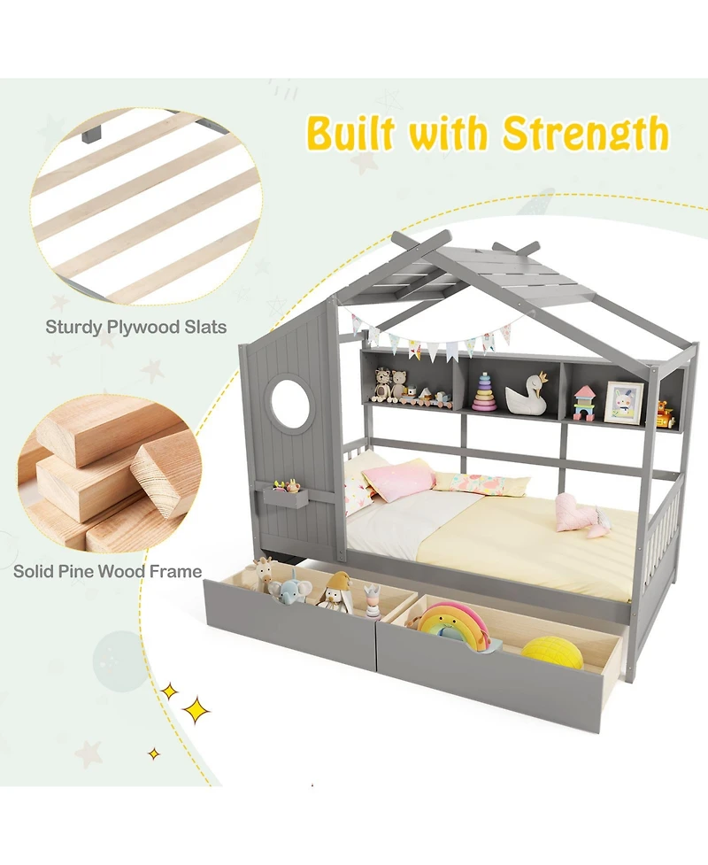 Gymax House Bed Kids Frame w/ 2 Storage Drawers & Fence Guardrails