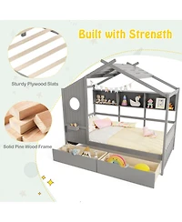 Gymax House Bed Kids Frame w/ 2 Storage Drawers & Fence Guardrails