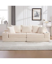 Rainsken Oversized Boneless Sofa with Cup Holder and Side Pockets, Corduroy Upholstered Couch 3 Pillows 2 Lumbar for Living Room