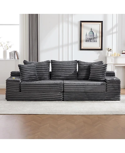 Rainsken Oversized Boneless Sofa with Cup Holder and Side Pockets, Corduroy Upholstered Couch 3 Pillows 2 Lumbar for Living Room