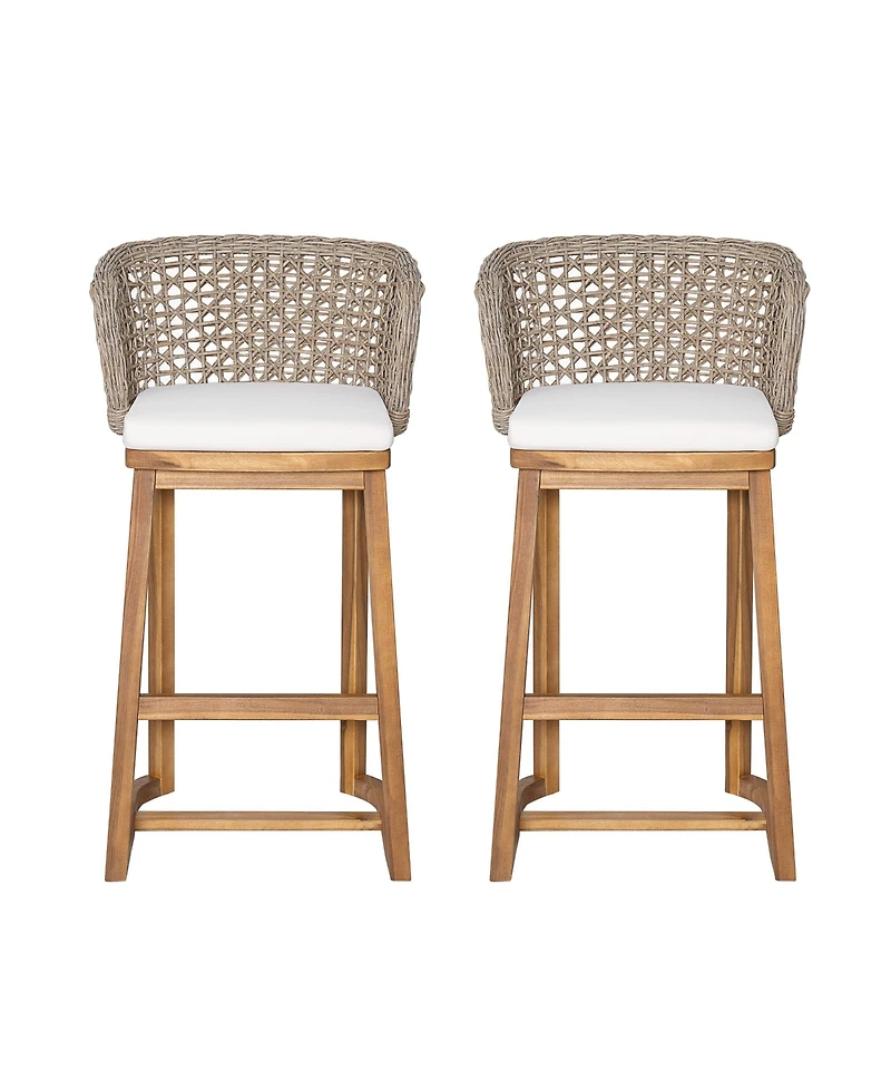 Rainsken Outdoor Acacia Wood Bar Stools, Counter Height Chairs Set of 2 with Cushion and Breathable Wicker Back for Patio, Poolside, Kitchen Island