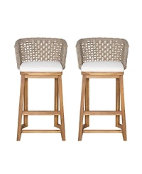 Rainsken Outdoor Acacia Wood Bar Stools, Counter Height Chairs Set of 2 with Cushion and Breathable Wicker Back for Patio, Poolside, Kitchen Island