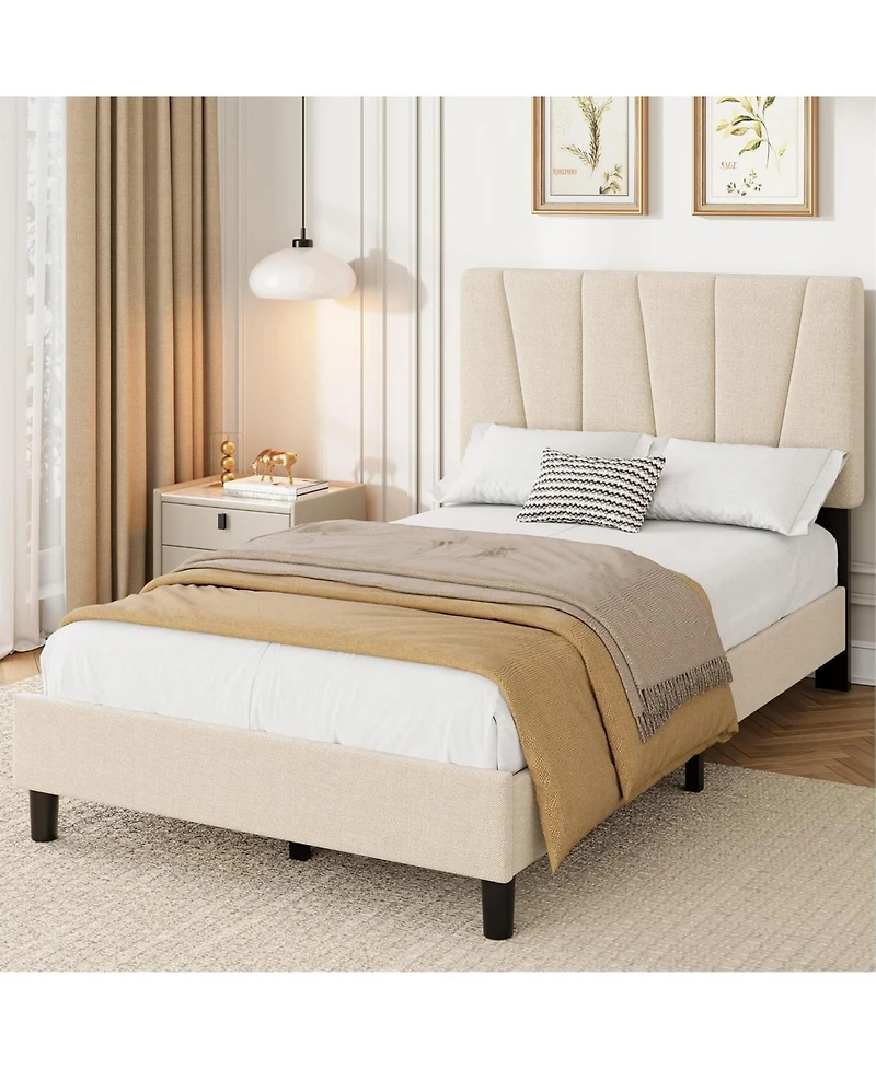 gaomon Upholstered Platform Bed with Adjustable Headboard Wooden Slats