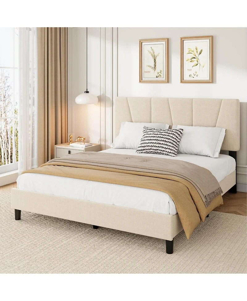 gaomon Upholstered Platform Bed with Adjustable Headboard and Wooden Slats