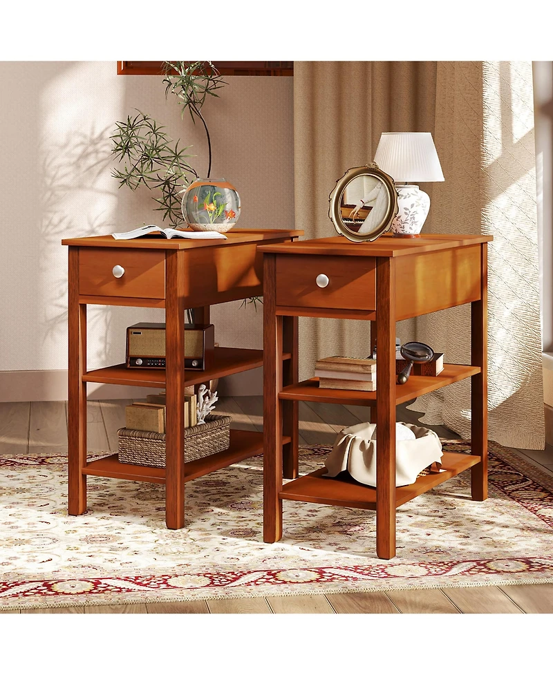 Gymax 2 Pcs Narrow End Tables with Drawer Shelves and Rubber Wood Legs Sofa Side Table