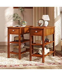 Gymax 2 Pcs Narrow End Tables with Drawer Shelves and Rubber Wood Legs Sofa Side Table