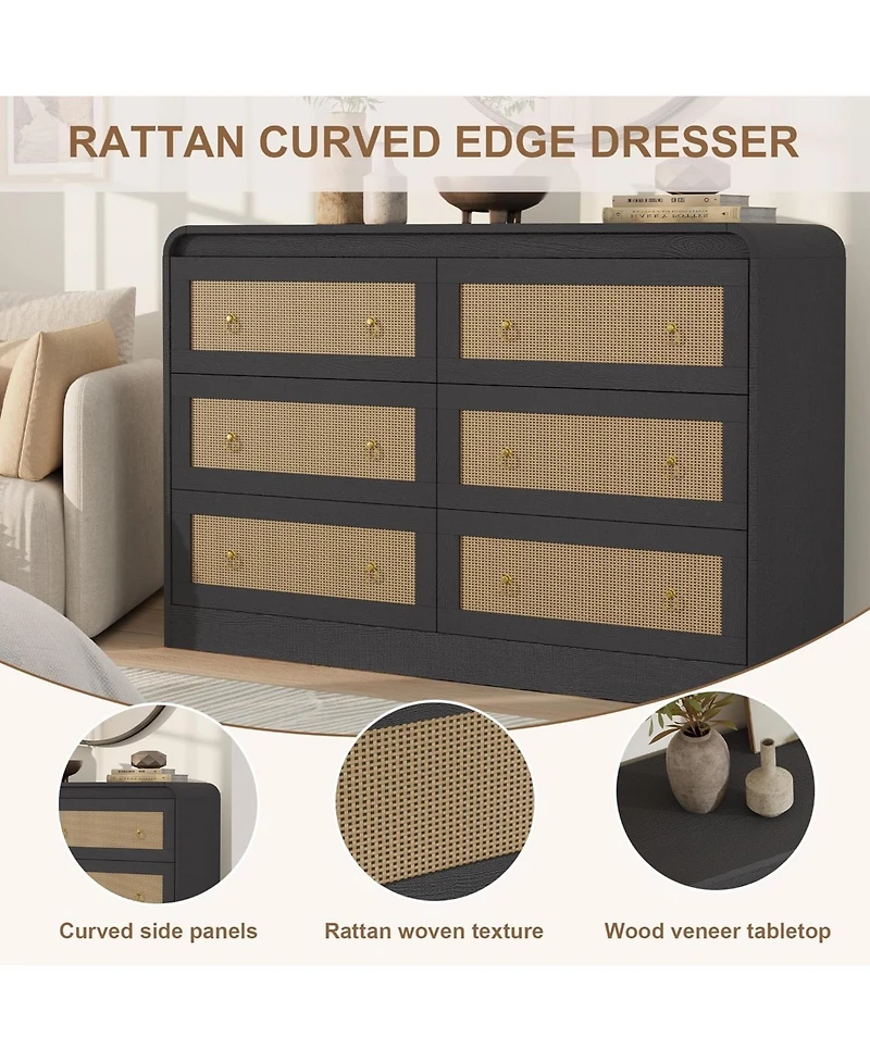 gaomon 46" Wide Rattan Dresser,6 Drawer Dresser for Bedroom,Dressers and Chests of Drawers,Modern Chest Drawers Bedroom,Living Room,Hallway