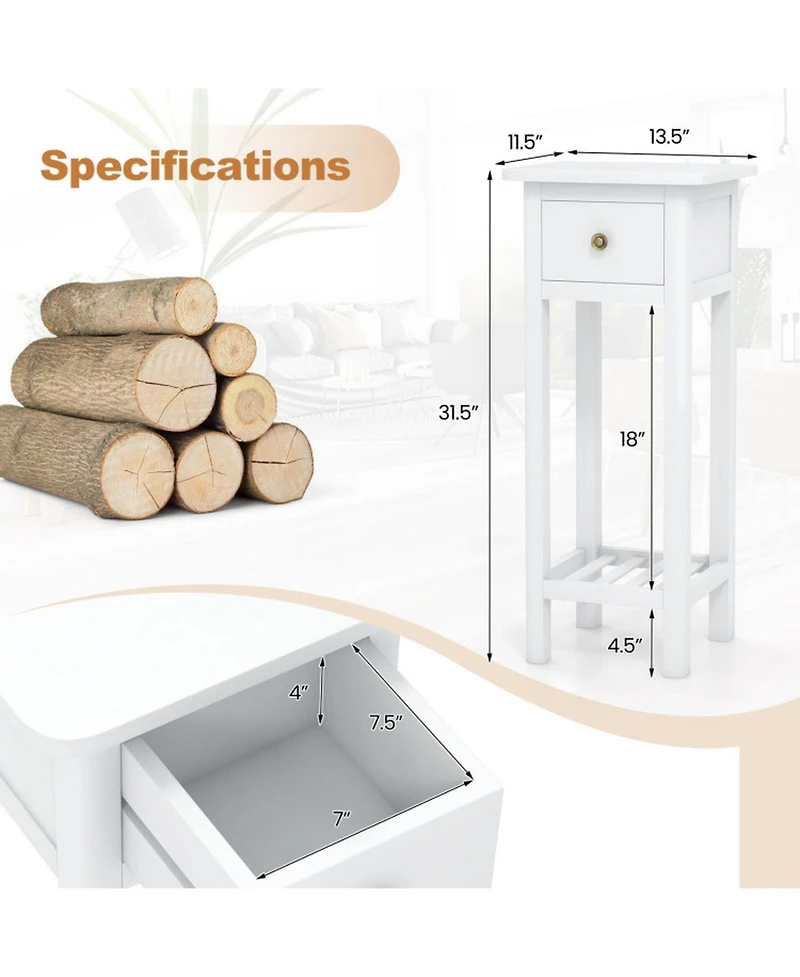 Gouun Two-Tier Acacia Wood Slim Nightstand with Drawer and Open Shelf