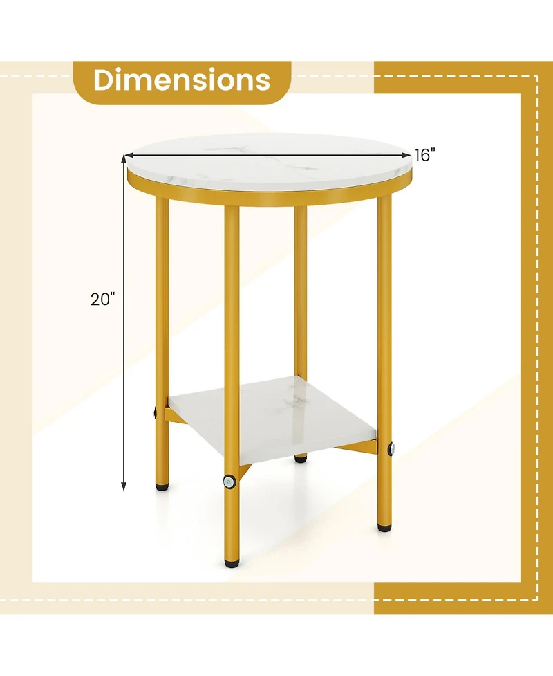 Gymax 2-Tier Round Side Table Set of 2 16'' Faux Marble End Table With Storage Shelf