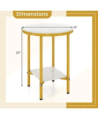 Gymax 2-Tier Round Side Table Set of 2 16'' Faux Marble End Table With Storage Shelf