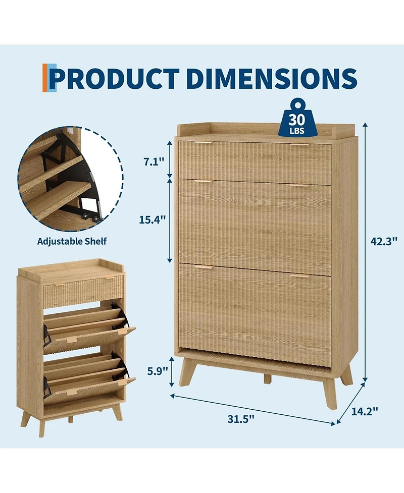 gaomon Fluted Wood Shoe Storage Cabinet for Entryway with 2 Flip Drawers and Adjustable Shelves