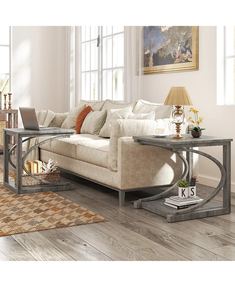 Gymax 2PCS 24'' Side End Table with Storage Shelf and Rubber Wood Frame for Small Space