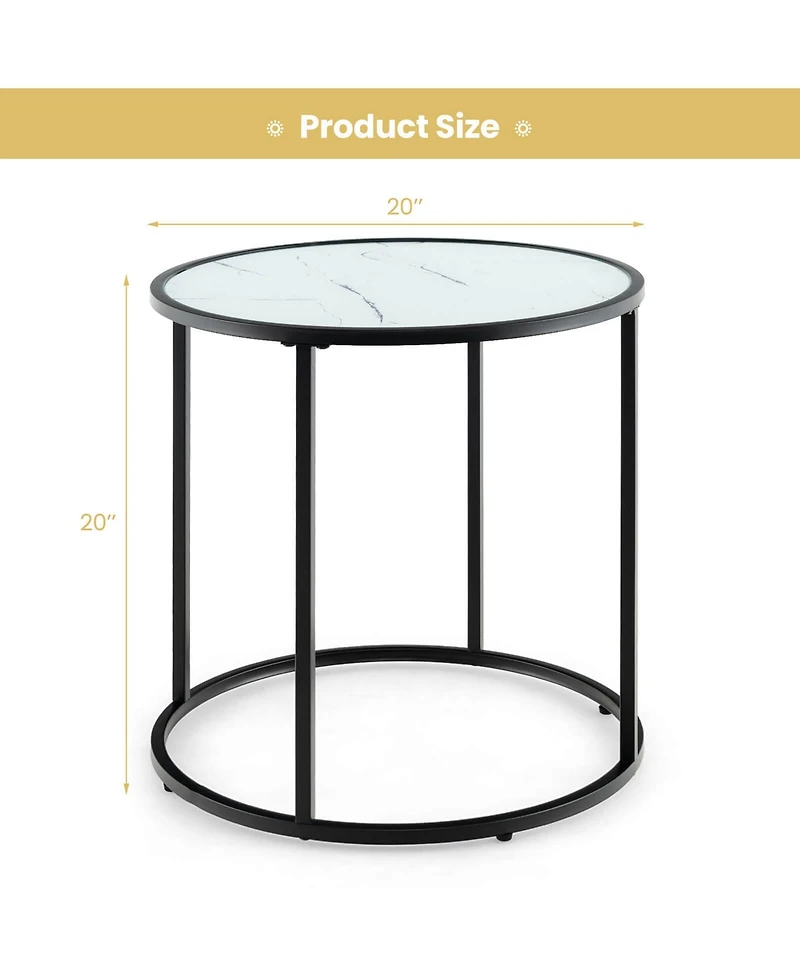 Gymax Glass End Table 20'' Round Side Table with Metal Frame and Faux Marble Glass Top