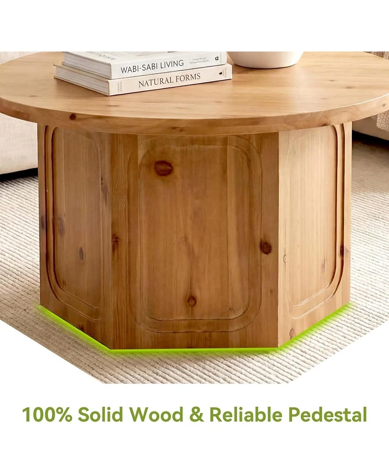 Tribesigns Large Round Solid Wood Coffee Table with Hexagon Pedestal Base