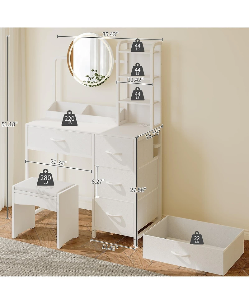 Homfan Modern Vanity Desk with Led Mirror, Adjustable Lights, Fabric Drawers, Power Outlet and Storage Shelves for Bedroom