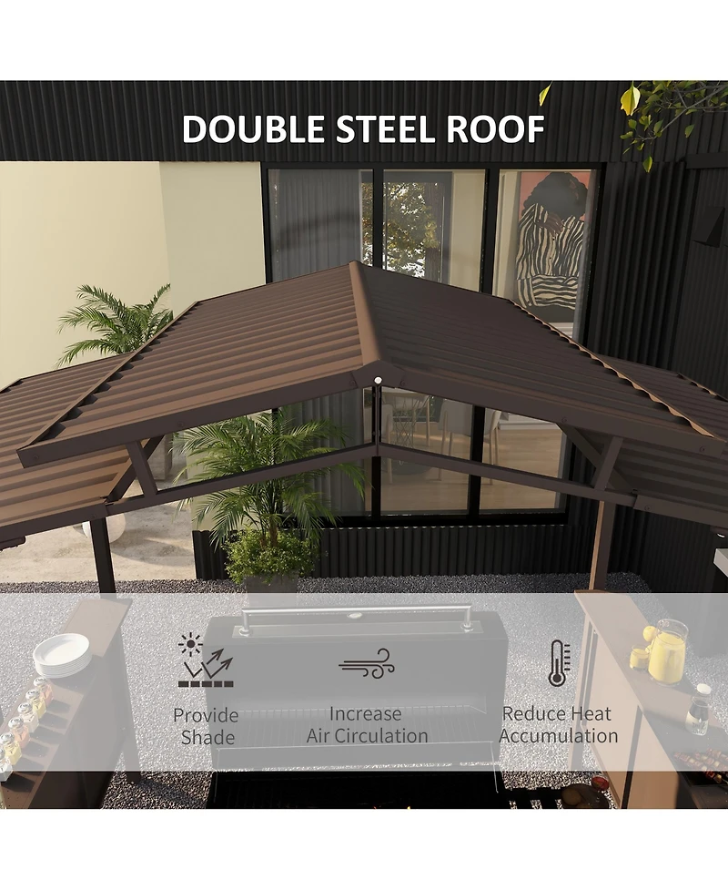 Outsunny 8'x5' Bbq Grill Gazebo with 2 Side Shelves, Outdoor Double Tiered Interlaced Polycarbonate Roof with Steel Frame, Brown